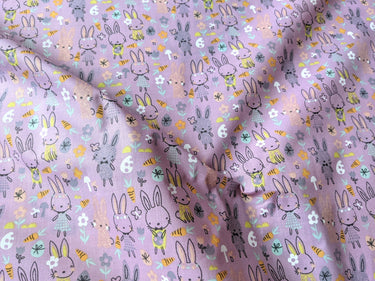 Lilac Purple Sally Polycotton Spring Bunny Rabbit Easter Fabric, Festive Fabric, Holiday Fabric